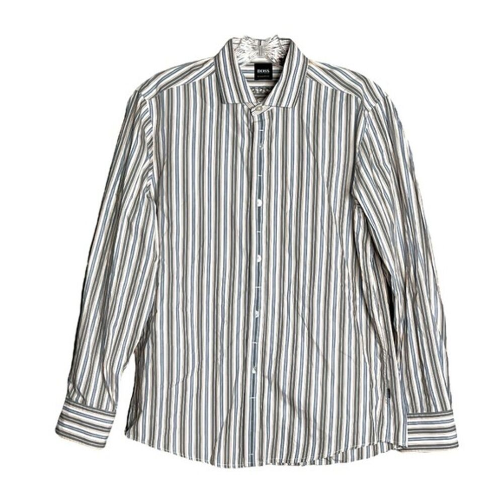 Boss Hugo Boss Shirt Mens Small White Gray Orange Stripe Newell Button Up Preppy